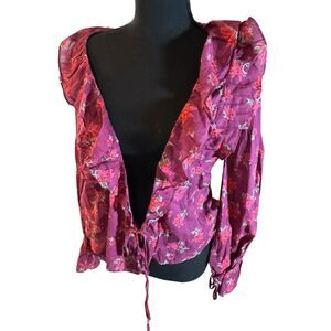 Free People Amanda Ruffle Wrap Top burgundy Floral‎ size Small